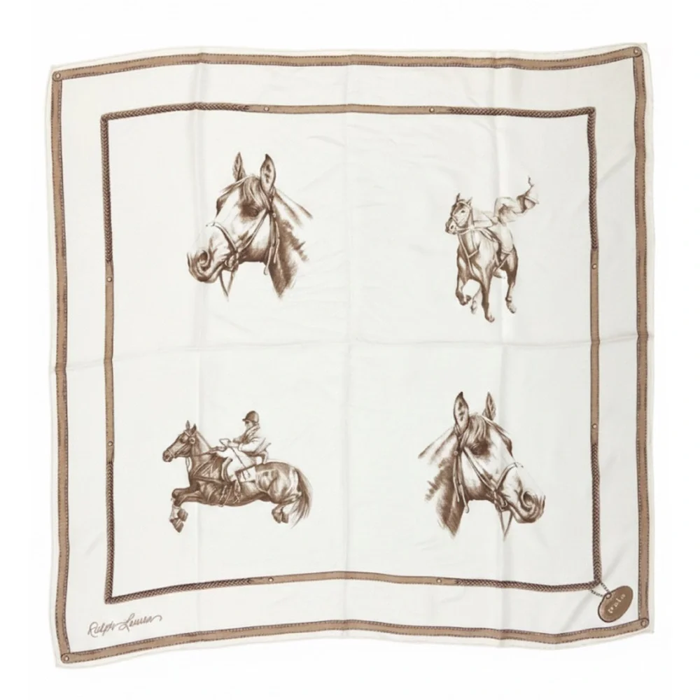 Polo Ralph Lauren Equestrian Silk Scarf Polo Horse Print Cream Brown - Picture 4 of 17